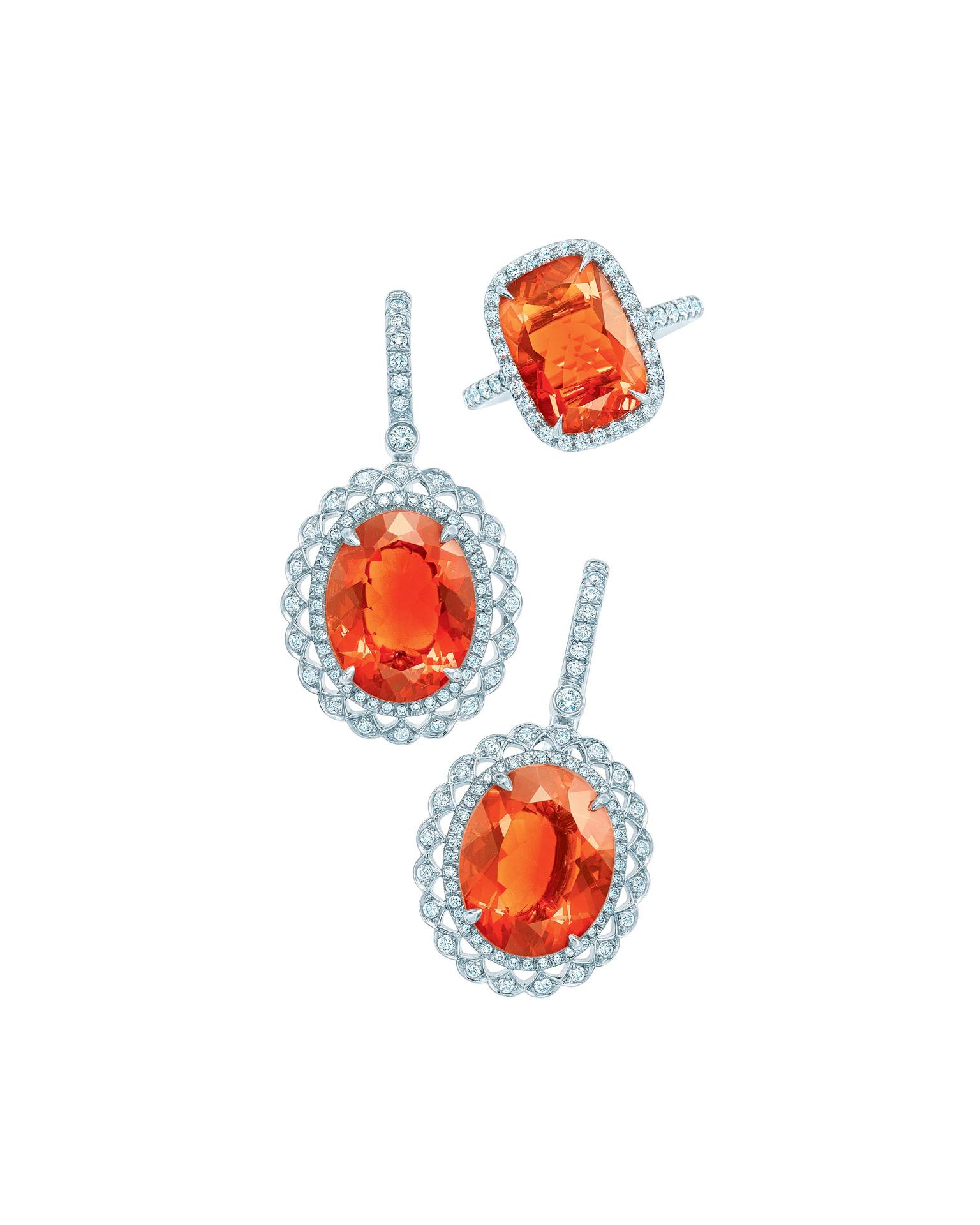 Tiffany & Co. Blue Book Collection fire opal earrings and ring with diamonds set in platinum
