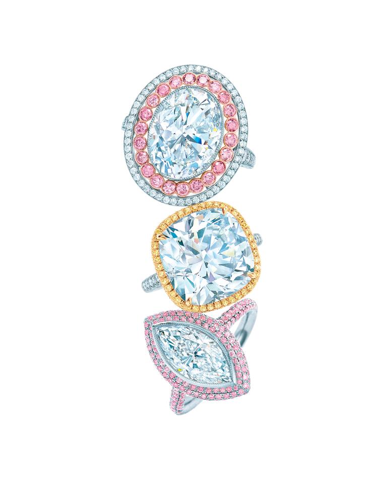 Top to bottom, Tiffany & Co. Blue Book Collection Fancy Vivid pink diamond ring with diamonds set in platinum; 10.17ct diamond ring set in platinum and gold; and white and Fancy Vivid pink diamond ring set in platinum