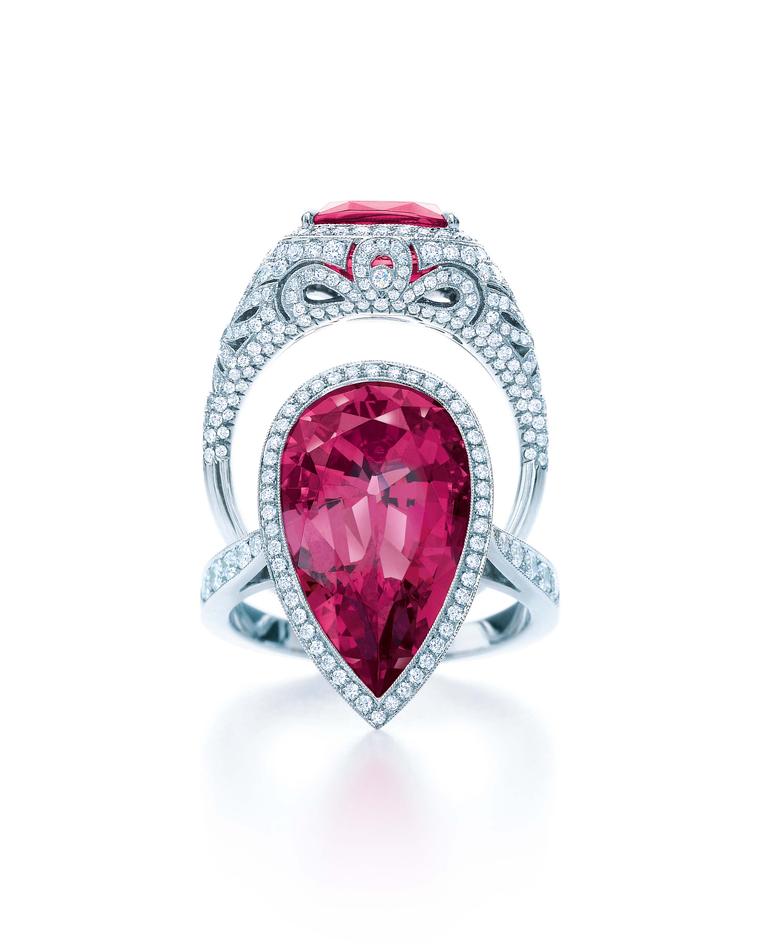 Tiffany & Co. Blue Book Collection red spinel ring, bottom, with diamonds set in platinum pictured with the Tiffany & Co. Blue Book Collection pink sapphire ring (top) with diamonds in platinum