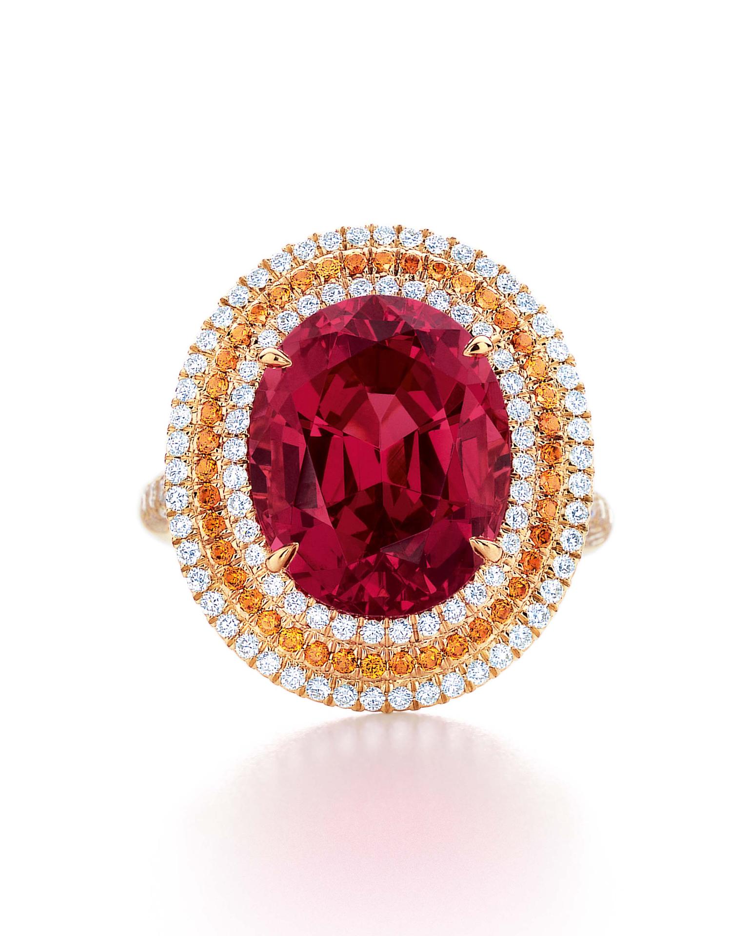 Tiffany & Co. Blue Book Collection red spinel ring with spessartite garnets and white diamonds set in yellow gold