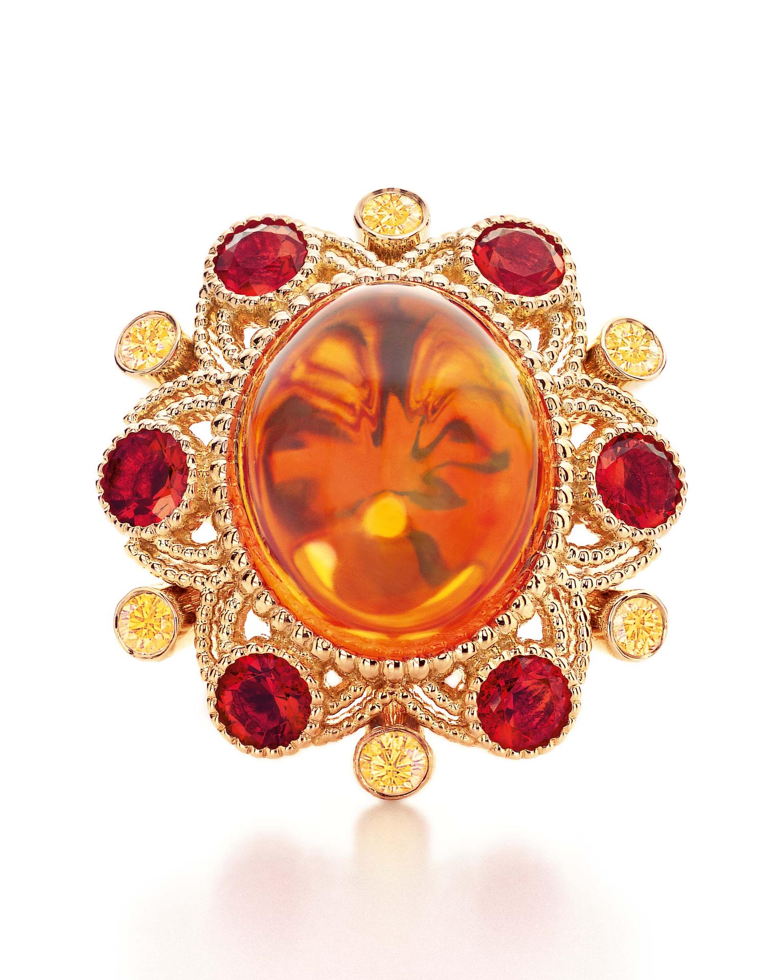 Tiffany & Co. Blue Book Collection ring in gold with a 10.54ct cabochon fire opal, yellow diamonds and smaller faceted fire opals