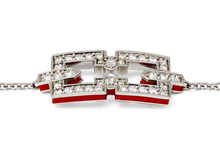 Raphaele Canot Skinny Deco collection Icon white gold bracelet featuring pavé white diamonds and red coral enamel