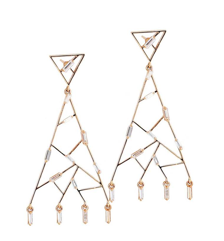 Suzanne Kalan rose gold Vitrine earrings with baguette diamonds ($5,600)