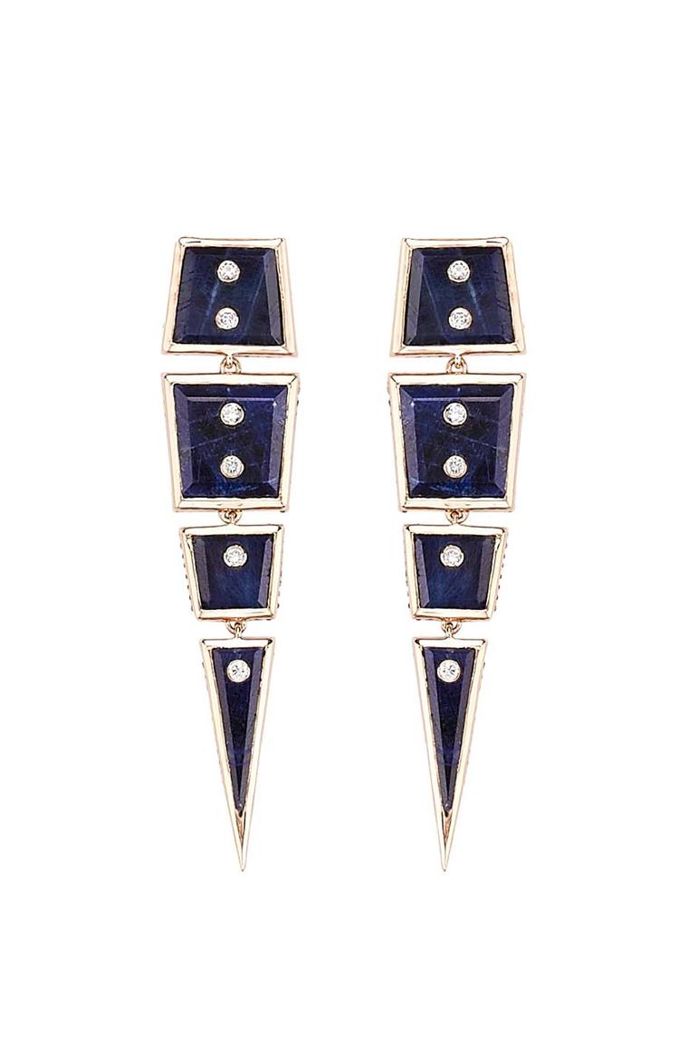 Gold Machu Picchu earrings with blue sapphires (18.24ct) and champagne-cut diamonds, available at Latest Revival.