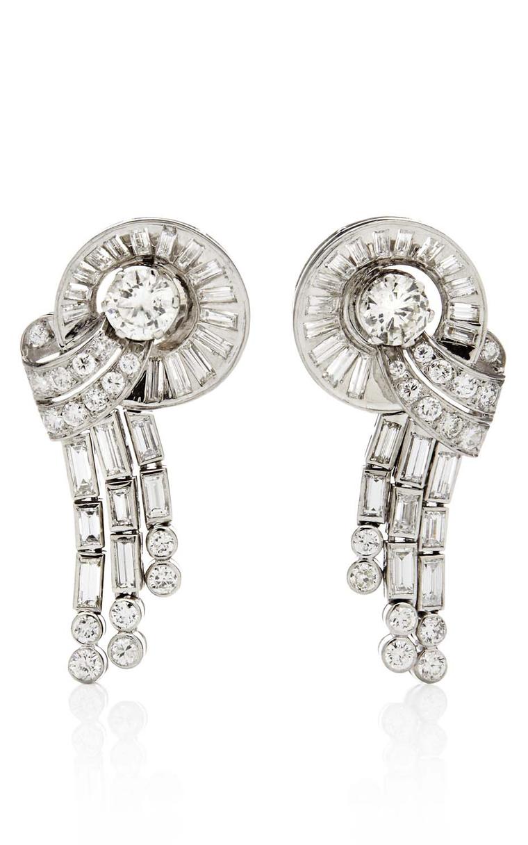 1940s Estate Collection platinum and diamond tassel earrings, available at Latest Revival