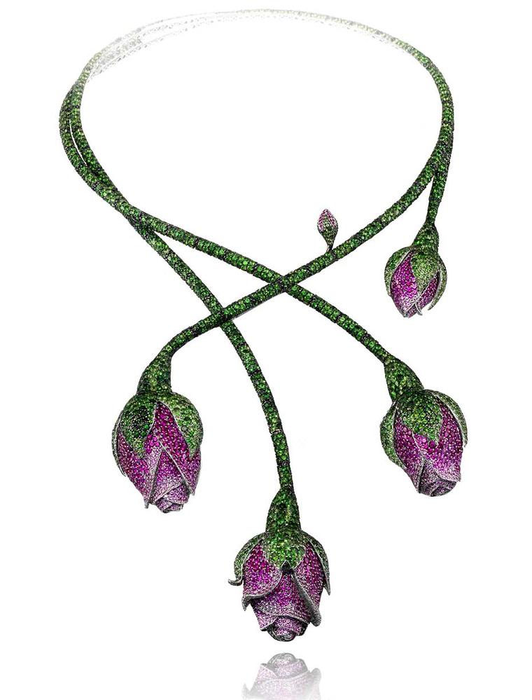 The tsavorite, pink sapphire and ruby floral necklace from Chopard's Red Carpet Collection worn by Cate Blanchett at the Cannes Film Festival