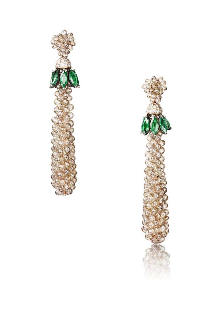 The de GRISOGONO earrings worn by Amber Heard in Cannes, featuring 16 marquise emeralds, 291 brown briolette diamonds, 70 white diamonds, 32 brown diamonds and 26 emeralds