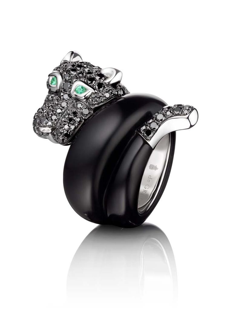 The de GRISOGONO Panther ring, with black and white diamonds, jet and emeralds, worn by Cara Delevingne to de GRISOGONO's Eden Roc party