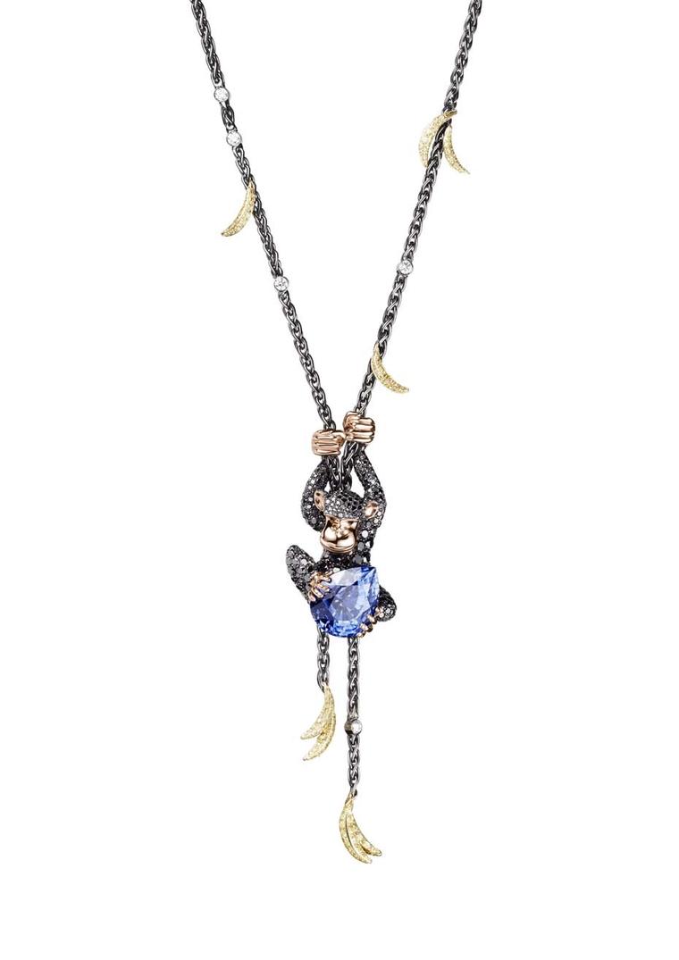 The de GRISOGONO Chimpanzee necklace, set with 771 black diamonds, 247 yellow sapphires, white diamonds and a pear-cut blue sapphire, worn by Cara Delevingne to de GRISOGONO's Eden Roc party