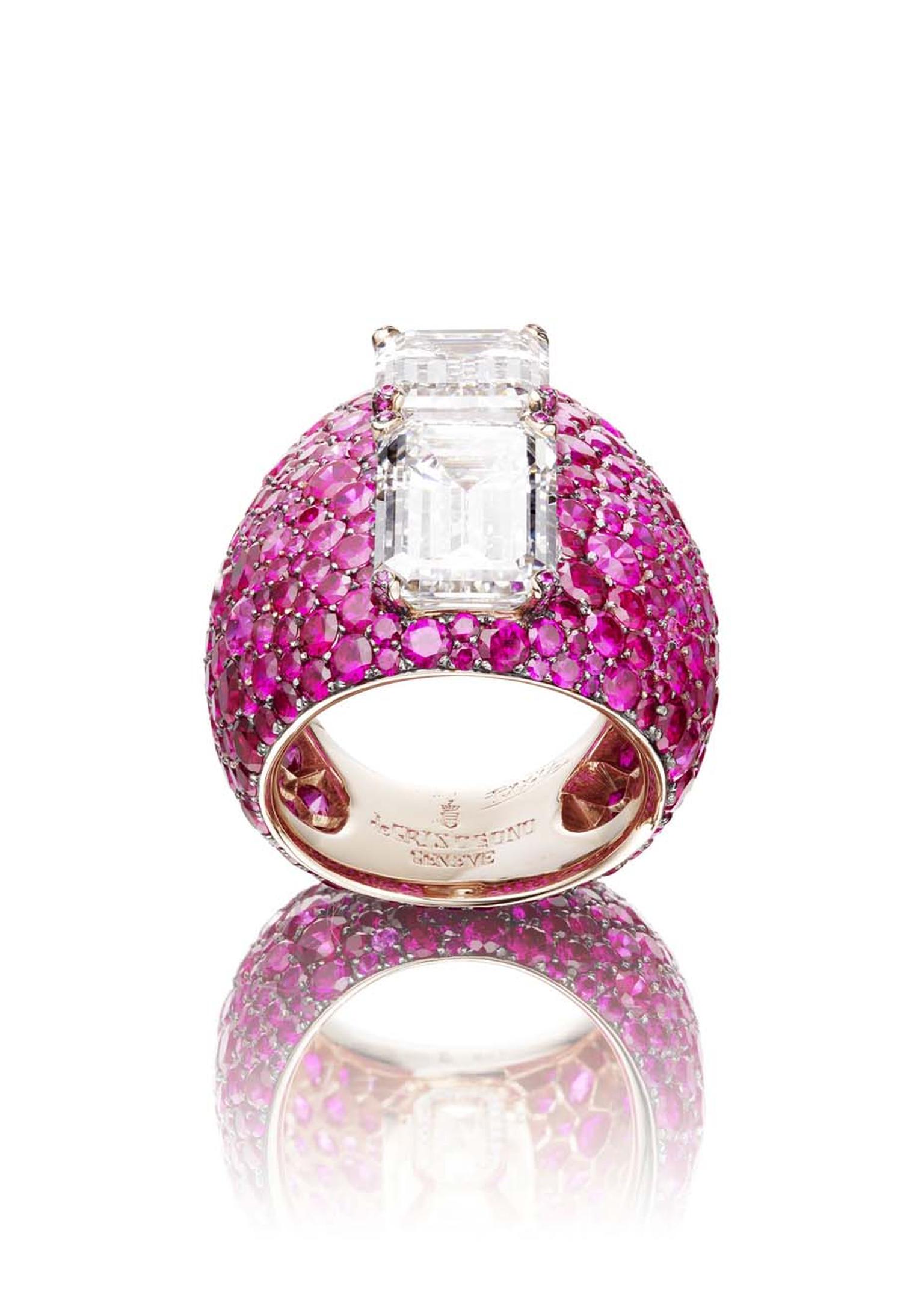 The de GRISOGONO baguette diamond and pink sapphire ring worn by Riley Keough to de GRISOGONO's Eden Roc party