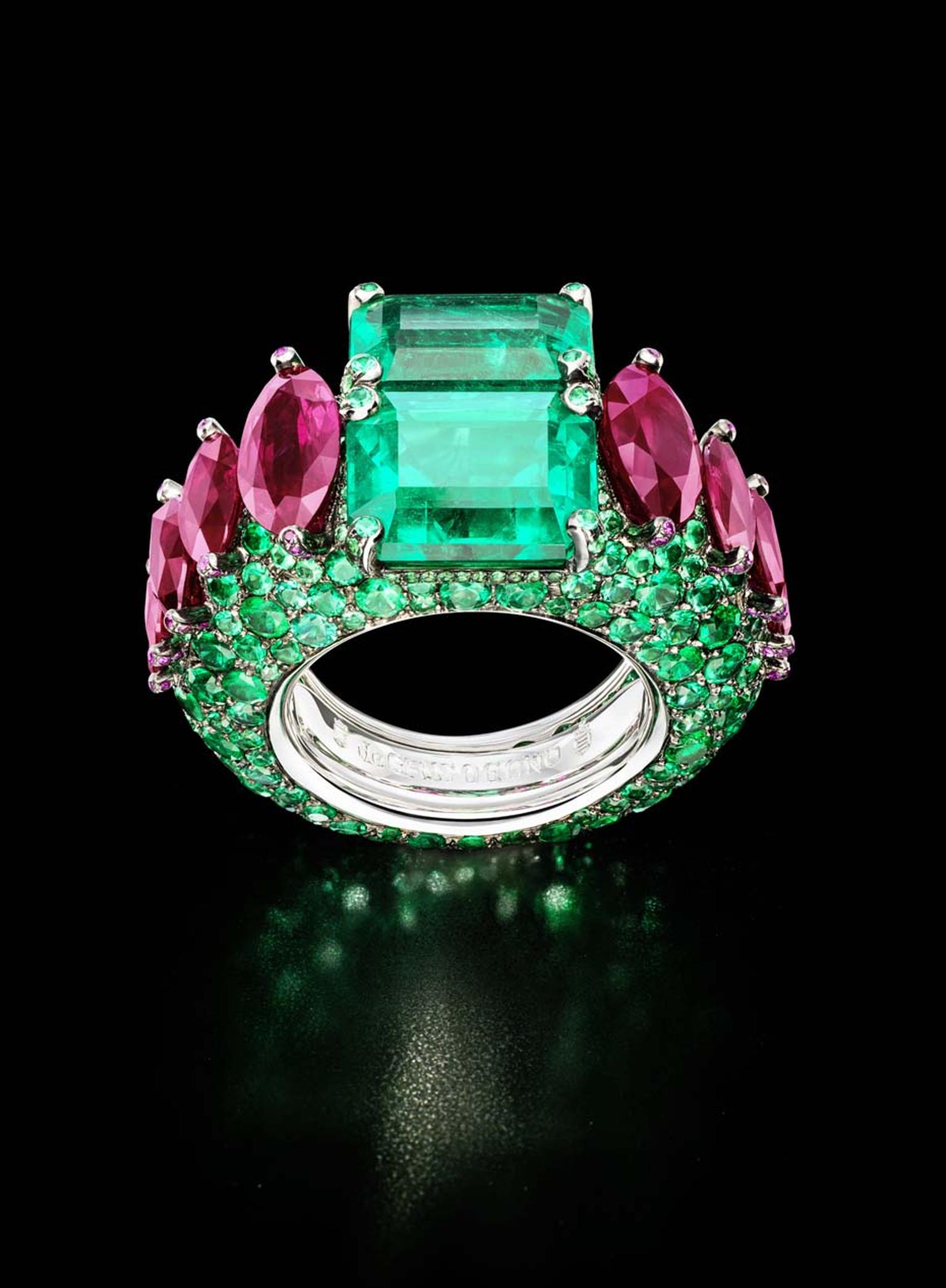 The de GRISOGONO white gold ring featuring two cushion-cut emeralds, 320 brilliant-cut emeralds and 79 rubies, as worn by Sharon Stone at de GRISOGONO's Eden Roc party