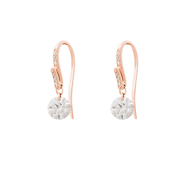 Raphaele Canot Set Free Diamonds collection pink gold and pavé diamond earrings featuring two brilliant-cut diamonds suspended from the centre