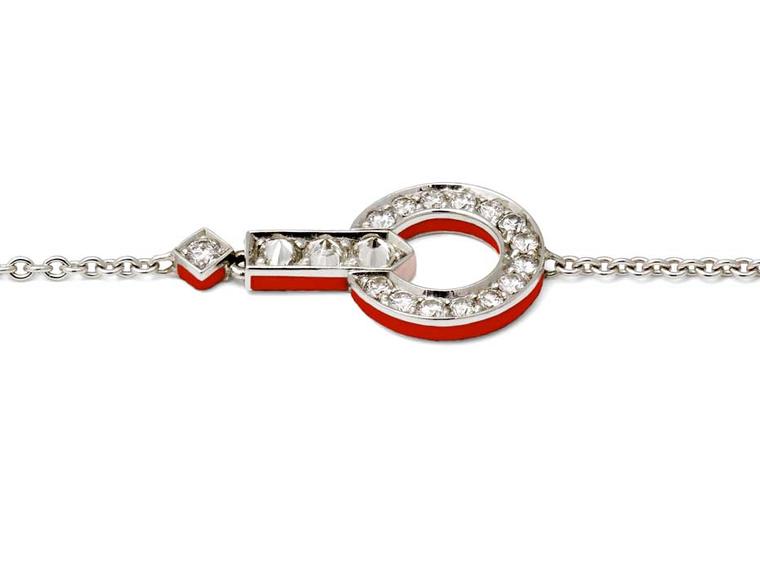 Raphaele Canot Skinny Deco collection white gold Icon bracelet featuring pavé white diamonds and red coral enamel