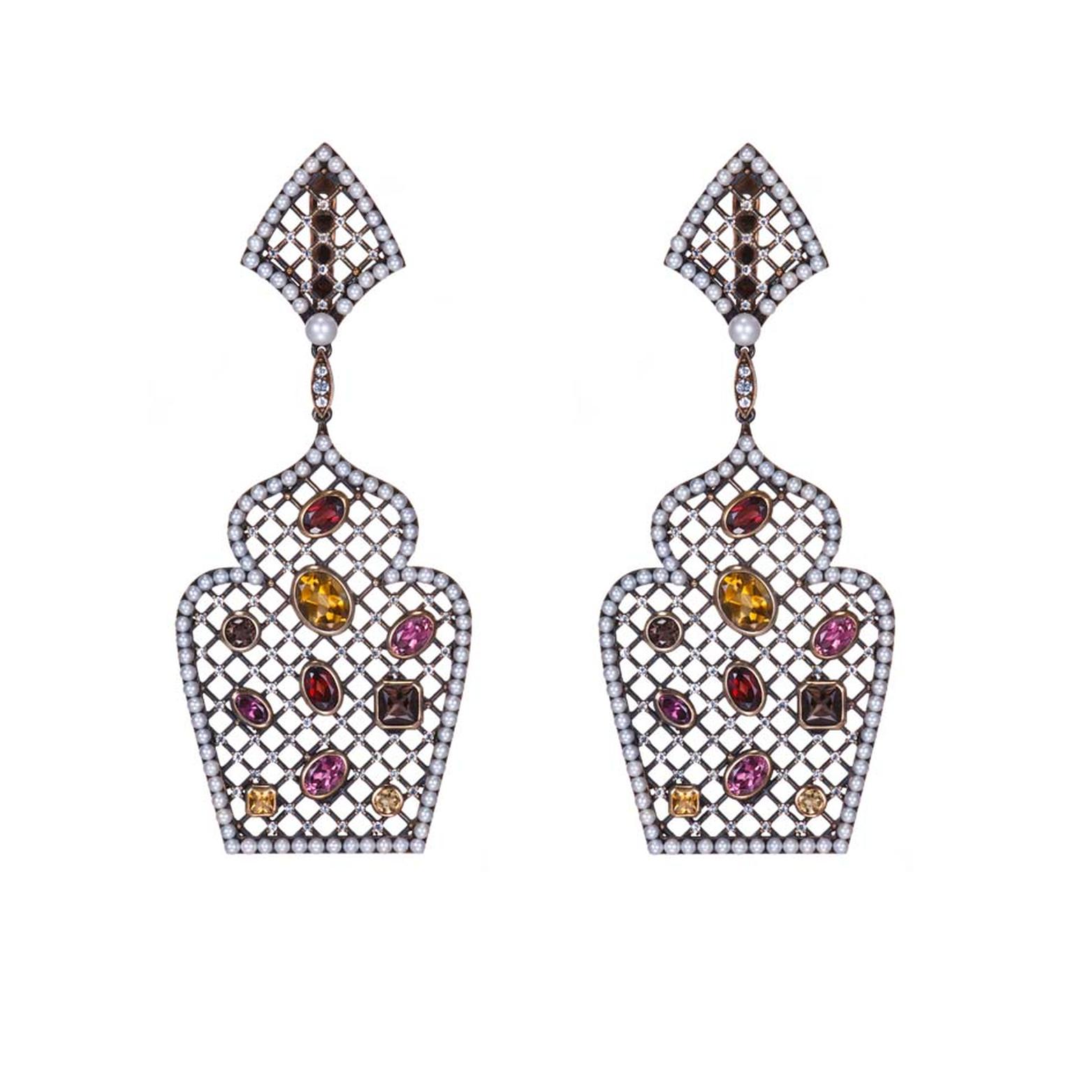 Petr Axenoff silver Radmila earrings with pearls, citrine, garnets, sapphires and amethysts