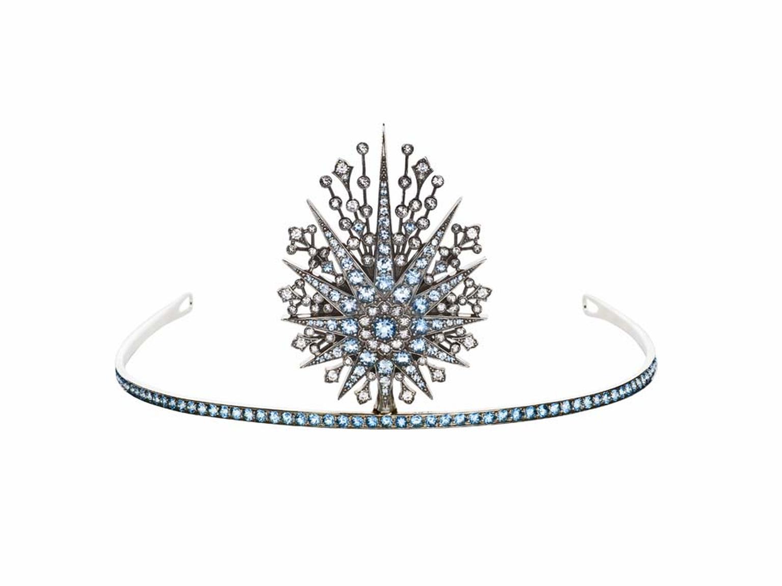 Petr Axenoff silver Princess Swan tiara set with blue and white topaz