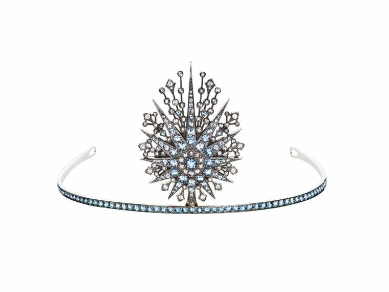 Petr Axenoff silver Princess Swan tiara set with blue and white topaz