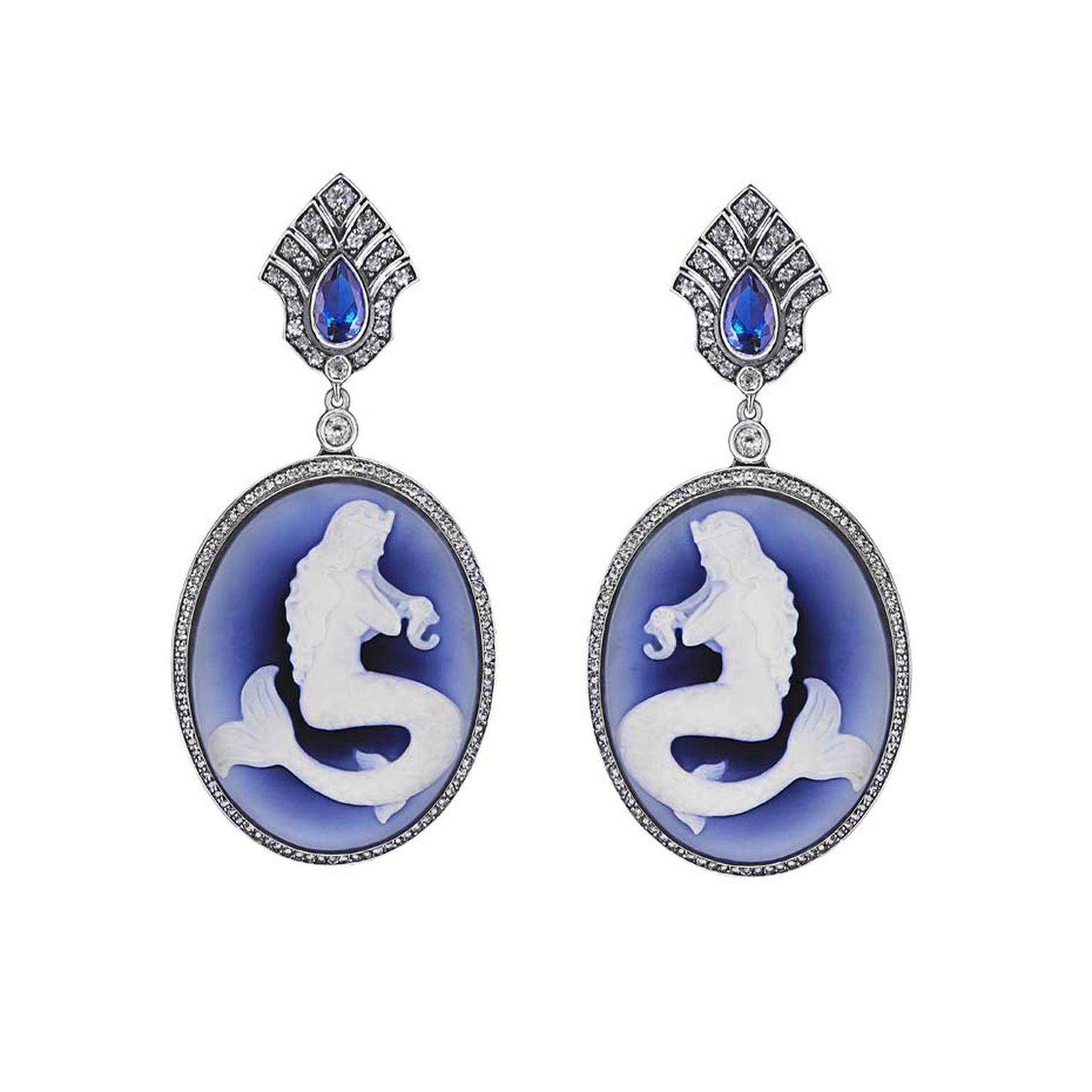 Petr Axenoff silver Undine earrings set with colourless topaz, blue agate and featuring enamel cameos