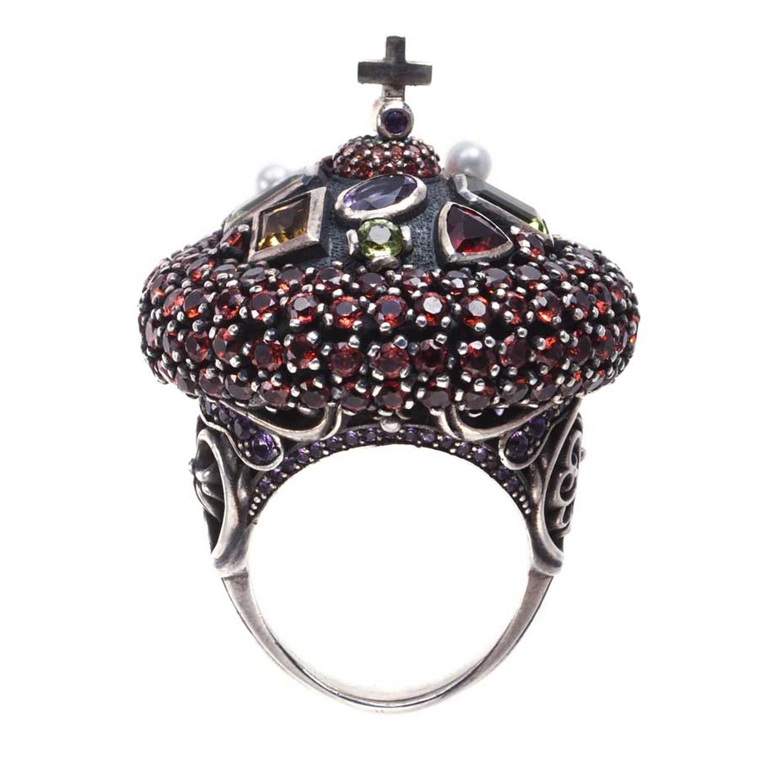 Petr Axenoff silver Ekaterina 2 ring featuring garnets, sapphires and pearls.