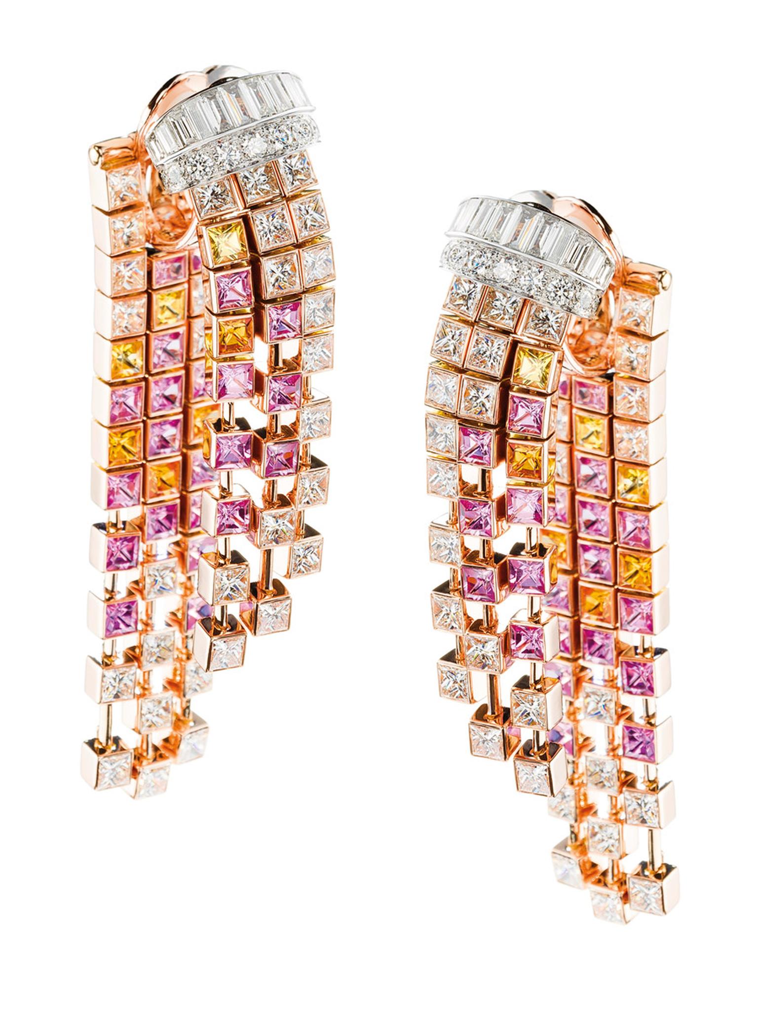 Boucheron Mosaïque Delilah diamond and coloured sapphire earrings, exhibited alongside the necklace at the 2012 Biennale des Antiquaires