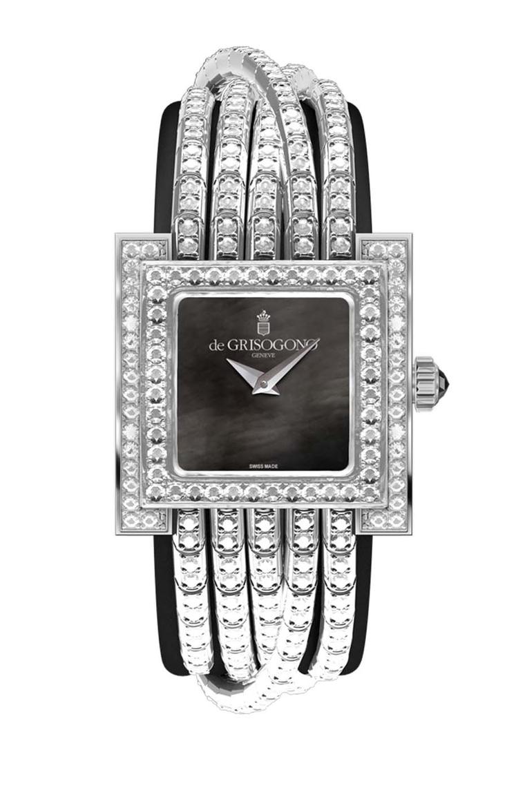 de GRISOGONO Allegra watch in white gold featuring a black mother-of-pearl dial with white gold dauphine hands and a case and bezel set with 309 white diamonds. The white gold clasp is also fully set with 74 diamonds
