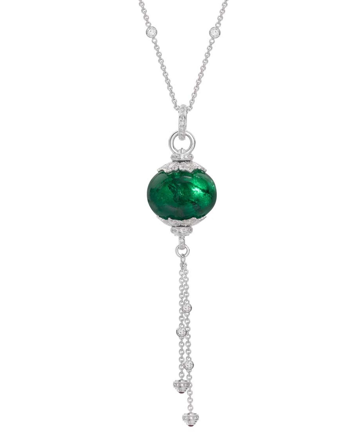Theo Fennell white gold necklace with pavé diamonds and a Gemfields emerald bead necklace (65.30ct).