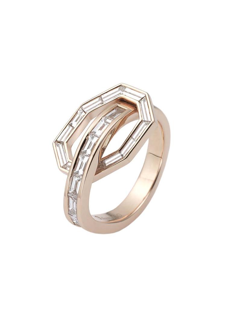 Octium rose gold ring with baguette-cut diamonds