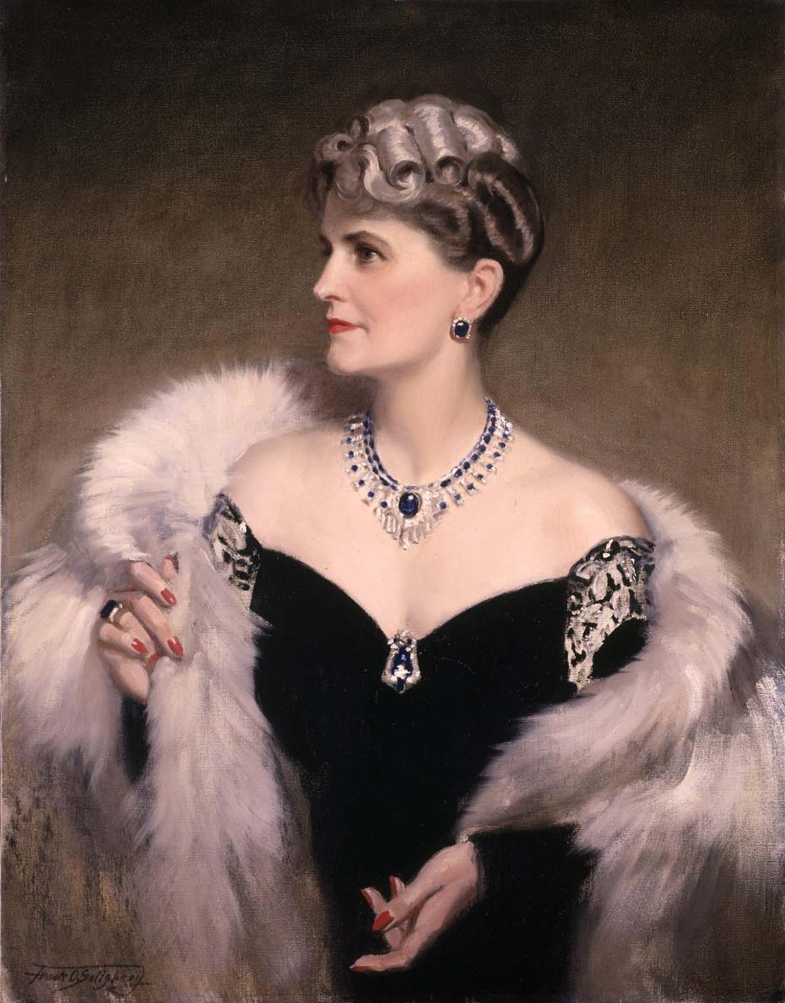Portrait of Marjorie Merriweather Post wearing her Cartier diamond and sapphire Art Deco necklace. Image: Courtesy Hillwood Estate, Museum and Gardens