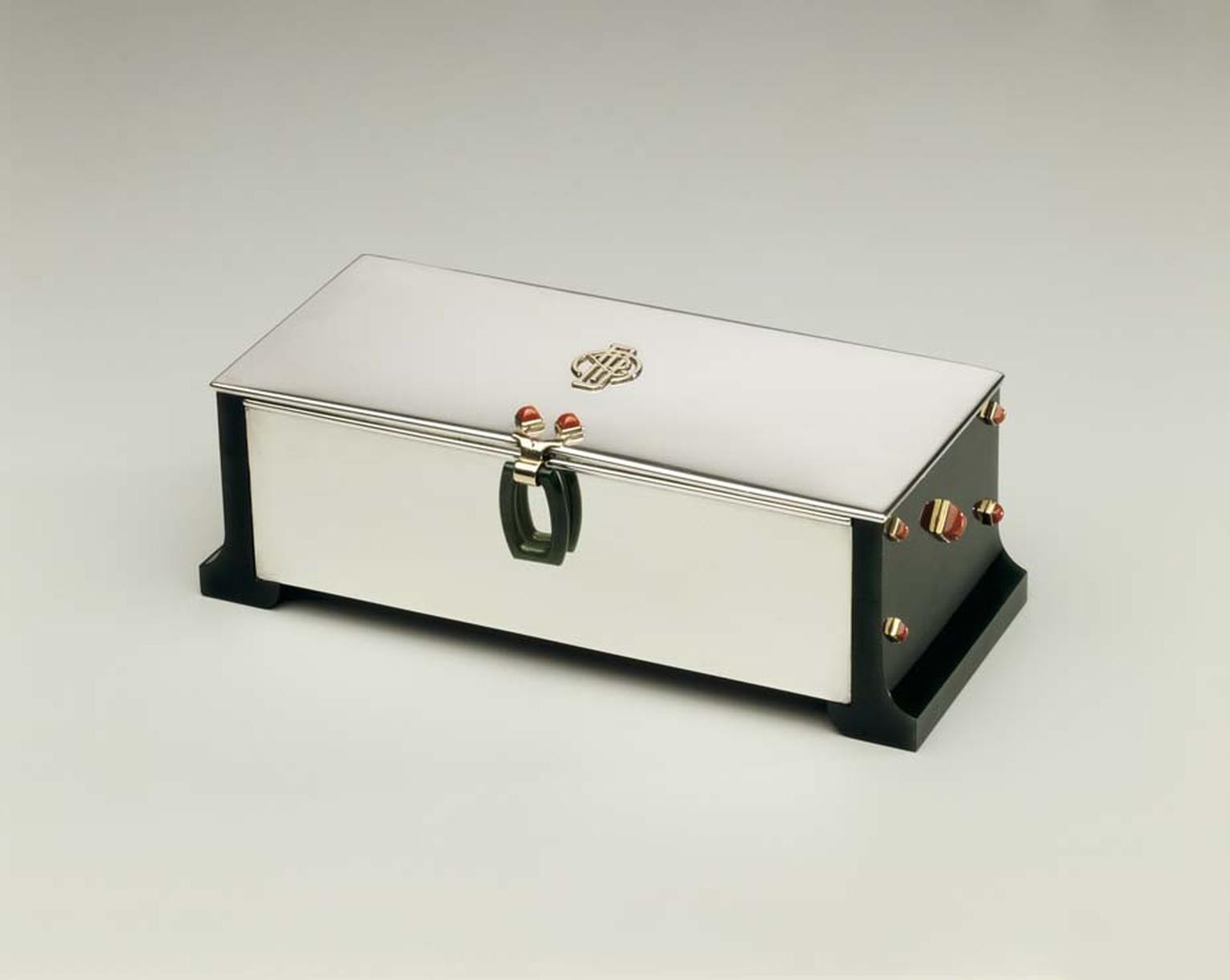 Cartier 1935 Monogrammed Box with silver, jade and coral. Image: Courtesy Hillwood Estate, Museum and Gardens
