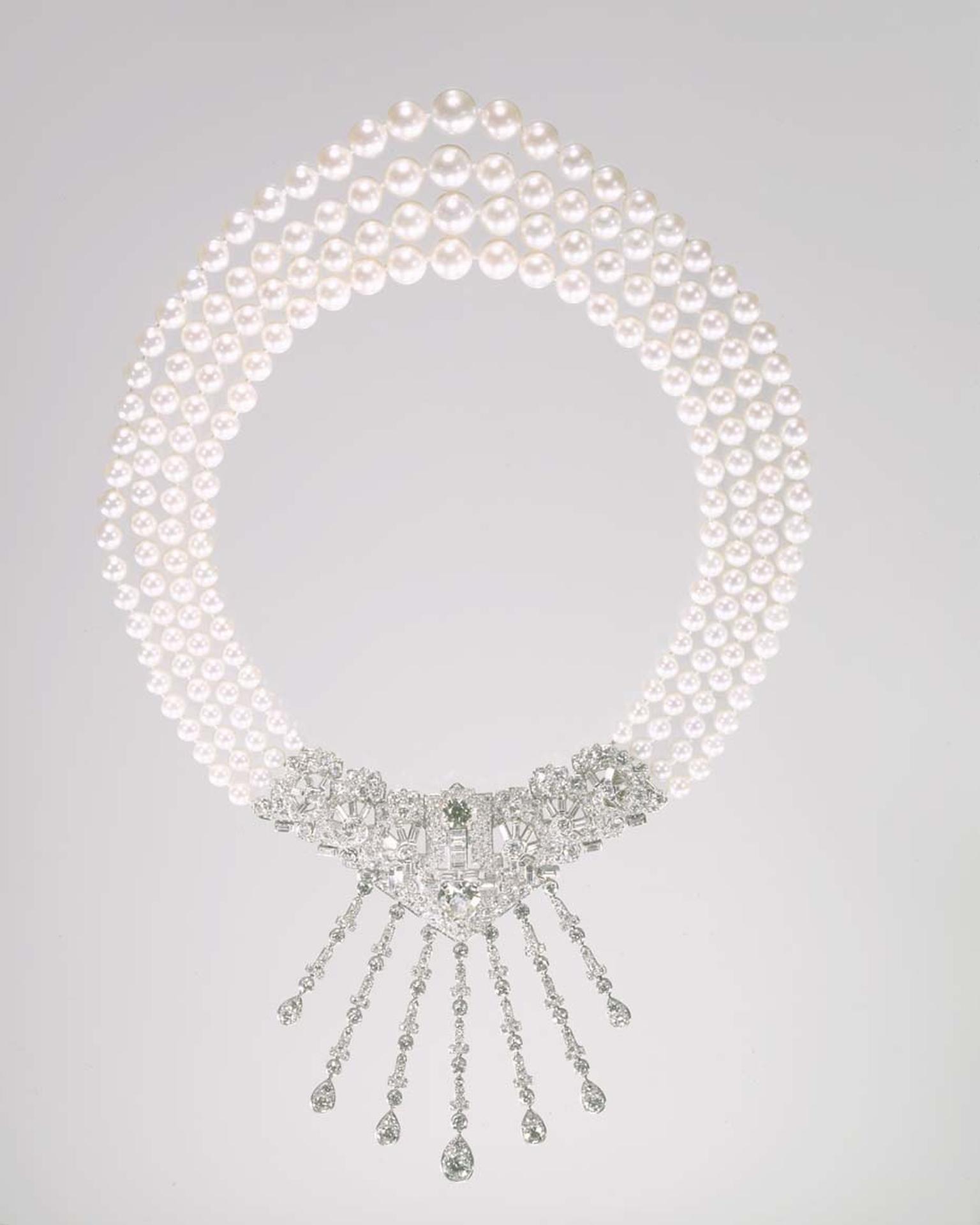 The 1963 Cartier three-strand Caro Yamaoka pearl necklace worn by Marjorie Merriweather Post in a photograph. Image: Courtesy Hillwood Estate, Museum and Gardens