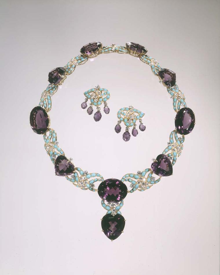 Cartier 1950-51 platinum and gold necklace and earrings with amethysts, turquoise and diamonds. Image: Courtesy Hillwood Estate, Museum and Gardens