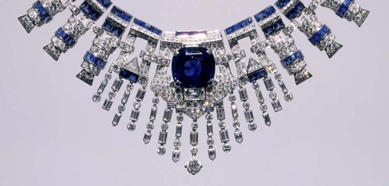 The Cartier sapphire and diamond necklace displays a precise geometric form and is an exceptional example of the Art Deco pieces for which Cartier is famed. Image: Courtesy Hillwood Estate, Museum and Gardens