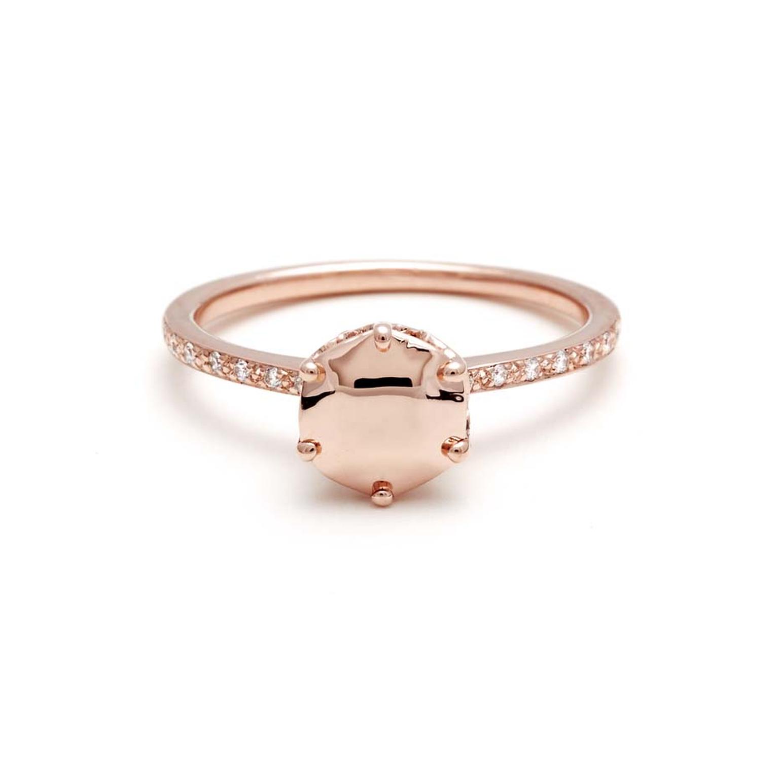 Anna Sheffield diamond dusted Hazeline Solitaire ring with a solid rose gold "gemstone" centre. A champagne diamond is hidden inside the band