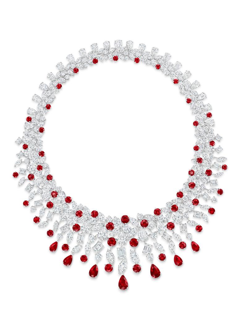 Graff Rhythm collection platinum necklace featuring rubies and diamonds in multiple cuts.
