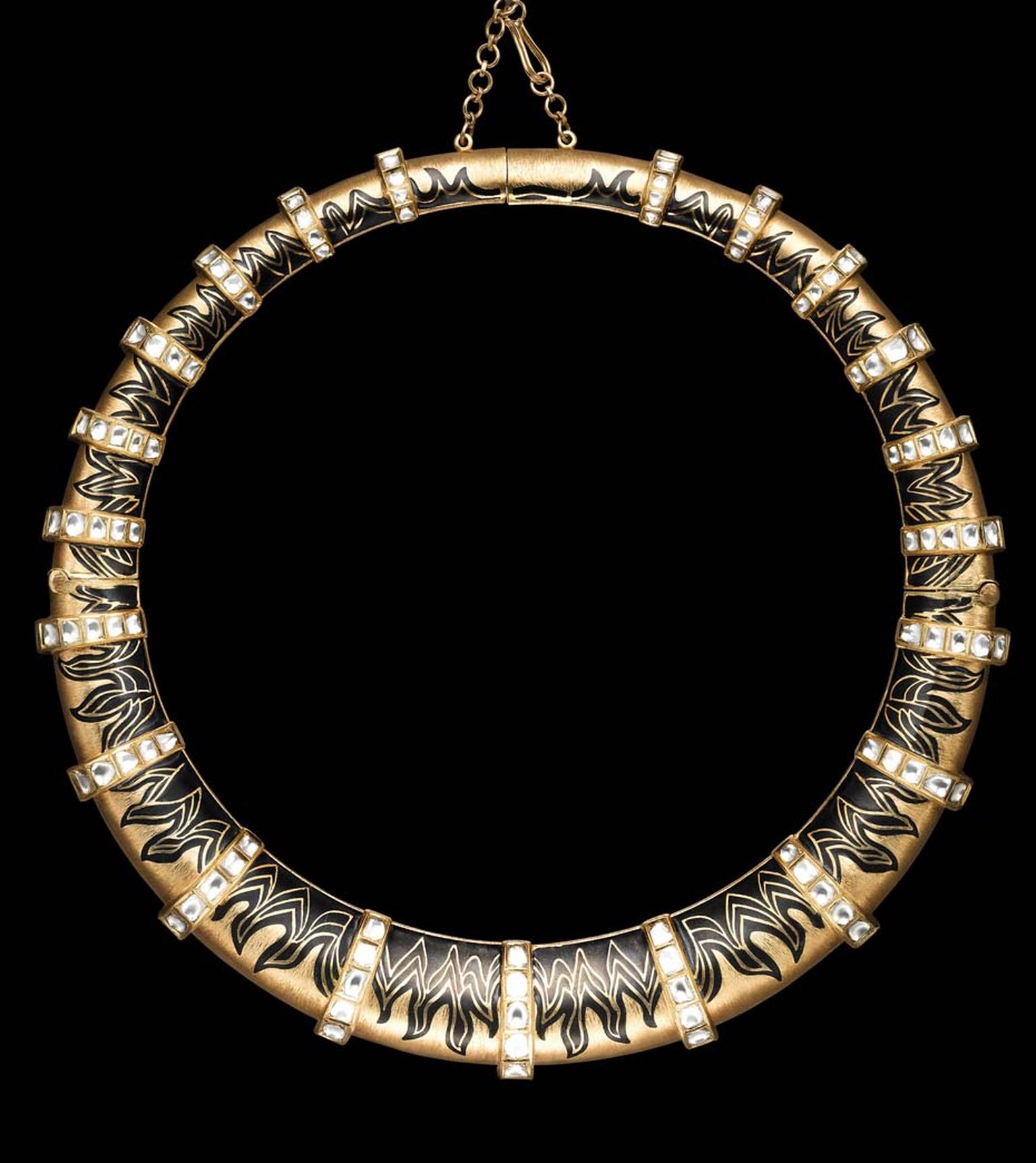 Zoya Fire collection hasli necklace, inspired by the circle of fire, in yellow gold with white polki diamonds and intricate enamelling
