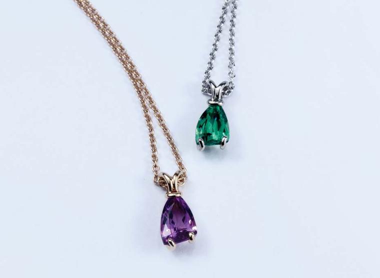 Jon Dibben Sail pendants made with Fairtrade gold, featuring a sail-shaped tsavorite and pink sapphire (£2,696 - £2,777)