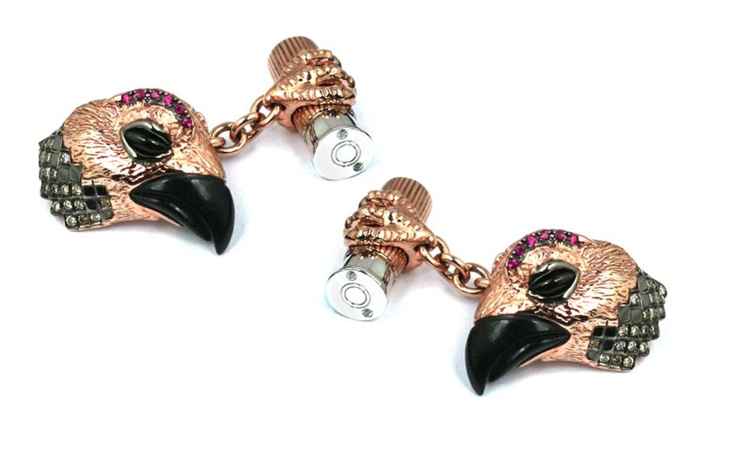 Tomasz Donocik Grouse cufflinks in rose gold with star diopside, black onyx, rubies and brown diamonds (£18,000)