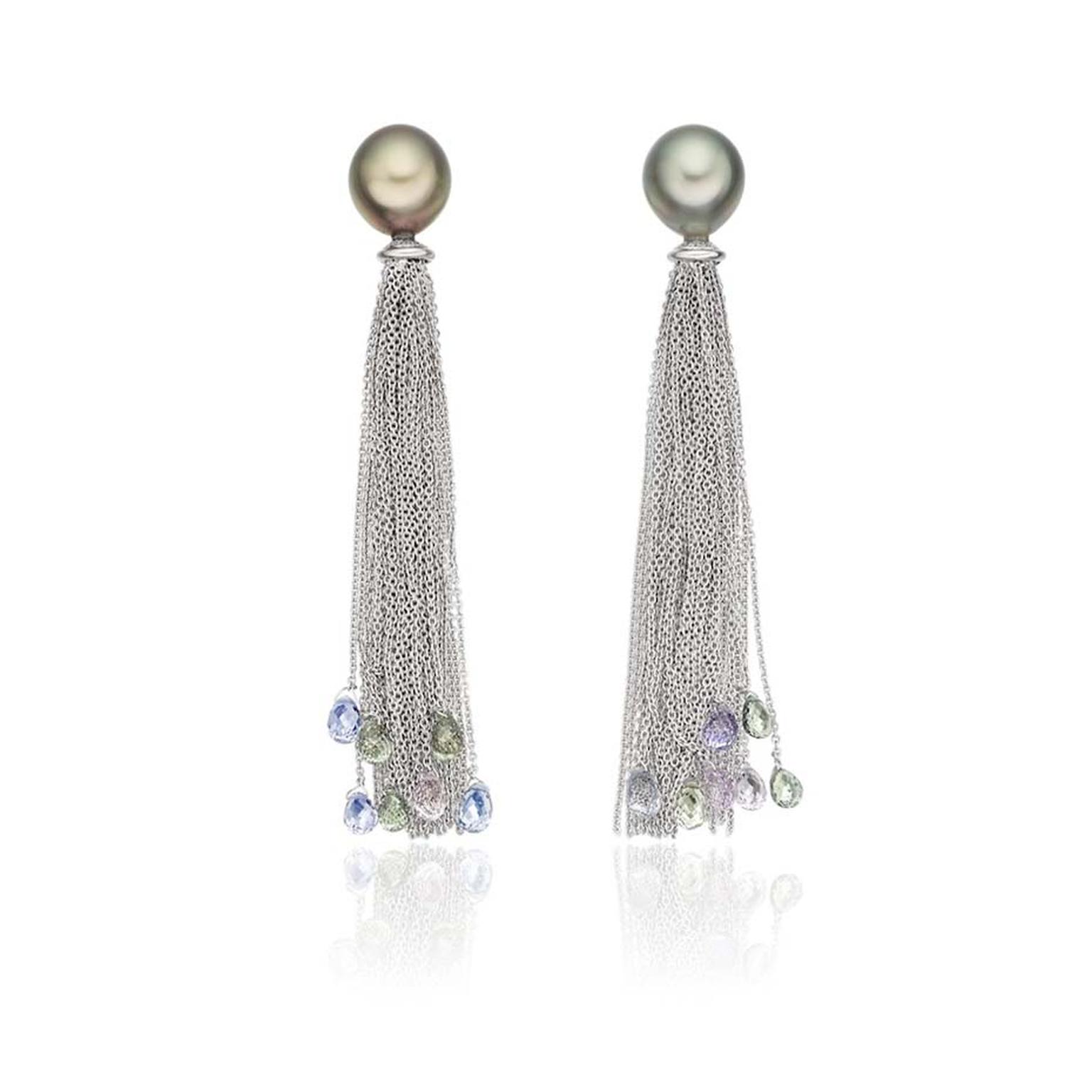 Lily Hastedt white gold Tassle earrings with Tahitian pearls and sapphire briolettes (£3,950)