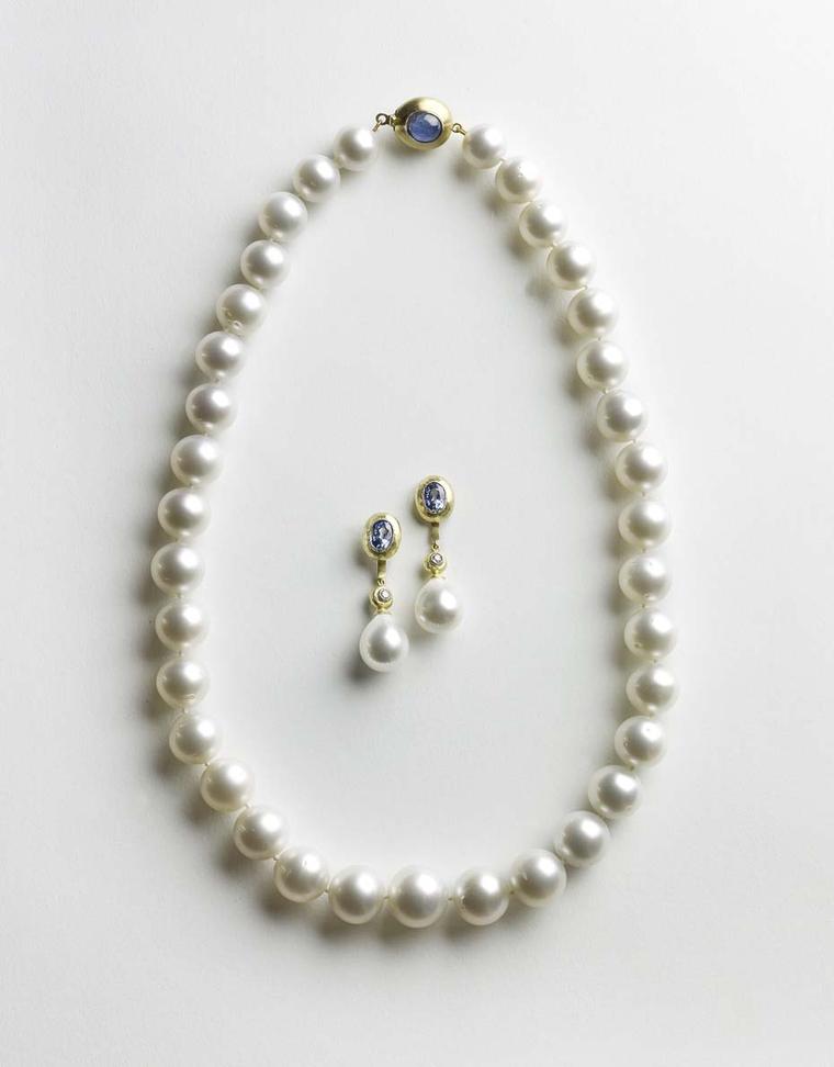 Julia Lloyd George South Sea pearl necklace in yellow gold with a handmade star sapphire clasp (£5,500) with matching sapphire earrings with detachable South Sea pearl drops (£4,250)