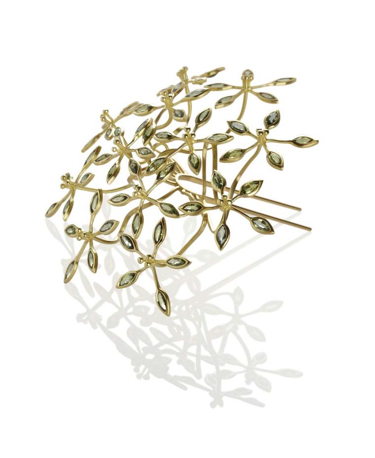 Jo Thorne Passion Flower hairpin in yellow gold set with 60 rare green sapphires (£25,000)