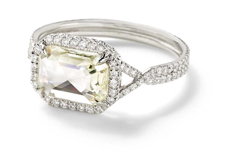 Monique Péan Mineraux engagement ring in recycled platinum set with a light yellow rectangular rose cut diamond and diamond pavé ($22,660)