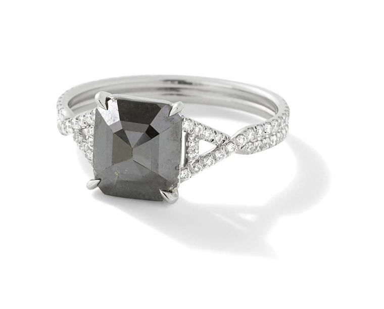Monique Péan Mineraux engagement ring in recycled platinum, set with an opaque black emerald rose cut diamond and diamond pavé ($13,090)