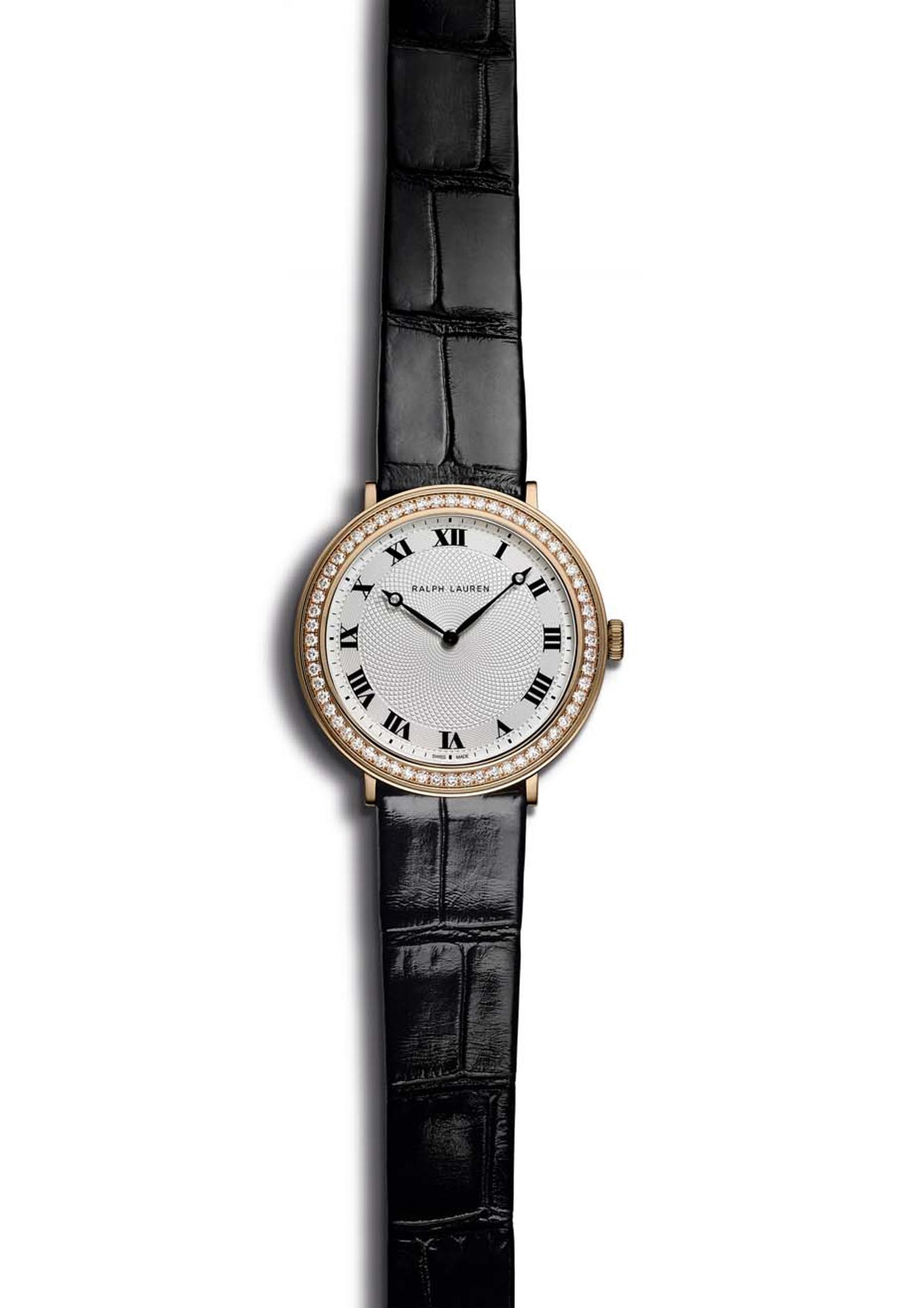 Ralph Lauren Slim Classique 32mm watch in rose gold with a diamond-set bezel
