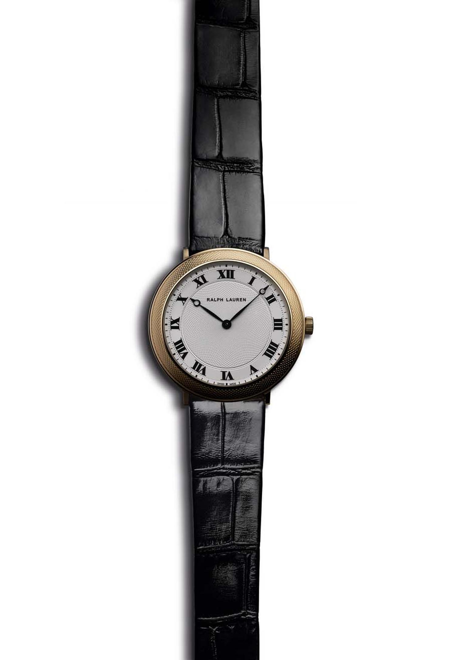 Ralph Lauren Slim Classique 32mm watch in rose gold, decorated on the bezel with guilloché engraving
