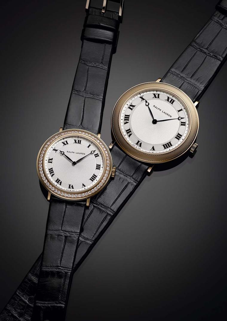 Ralph Lauren Slim Classique 32mm and 42mm watches in rose gold, with or without diamonds around the bezel