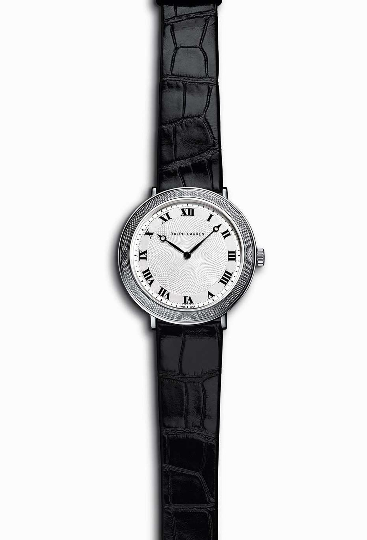 =Ralph Lauren Slim Classique 32mm watch in stainless steel, with intricate guilloché engraving on the bezel
