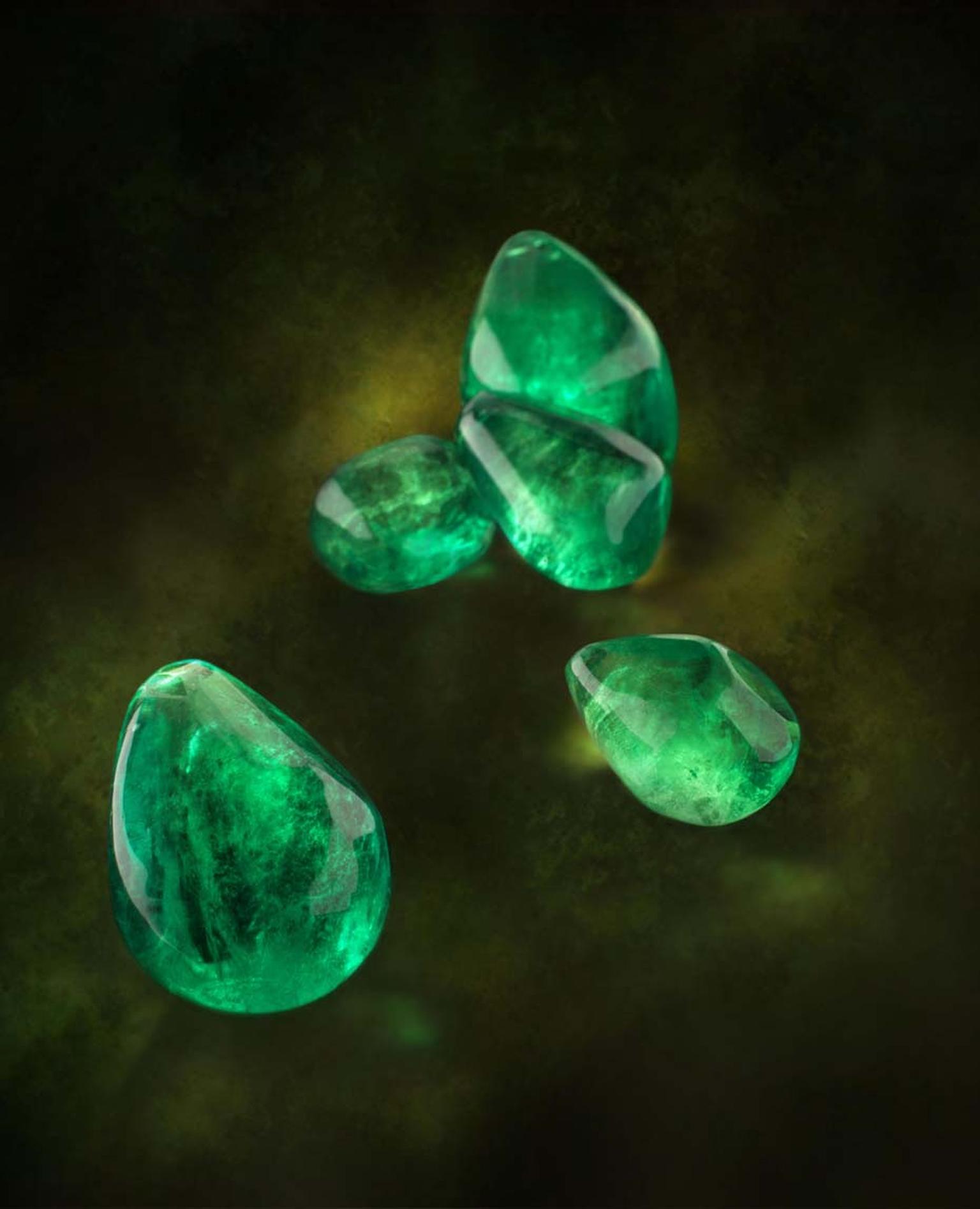 Five of the 23 baroque emeralds that were incorporated into The House of Rose’s one-of-a-kind La Reina necklace
