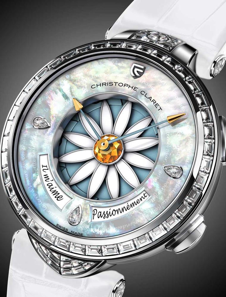 Christophe Claret's Margot watch features a natural blue mother-of-pearl dial inscribed with verses by Victor Hugo encircling the 12 white lacquered petals attached to the yellow sapphire heart.