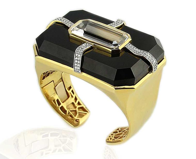 Kara Ross Large Cava Cuff with Pangea Accent in yellow gold with a black onyx base, rock crystal inset and diamonds