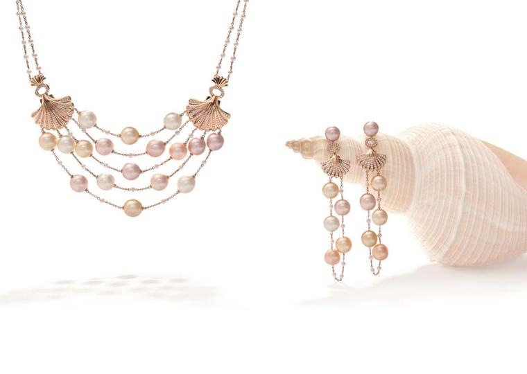 Boodles Deep Sea Treasure necklace and earrings with pink South Sea and freshwater pearls strung in rows between golden shells, from the new 'Ocean of Dreams' collection.