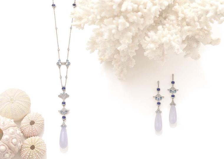 Boodles Ocean Moon necklace and earrings with chalcedony, tanzanite and diamonds, from the new 'Ocean of Dreams' collection.